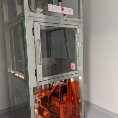 Lower floor vertically sliding cleanroom grade Felcon trolley transfer hatch