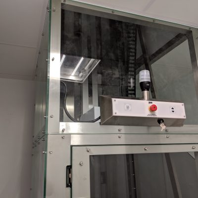 Upper floor vertically sliding cleanroom grade Felcon trolley transfer hatch